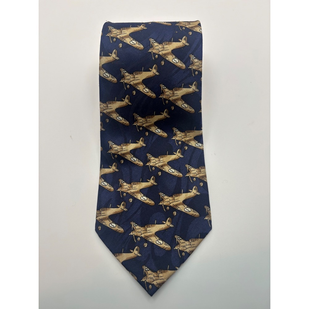 Fratello Mens Navy Blue Vintage Propeller Airplane Aviation Print Silk-Look Tie